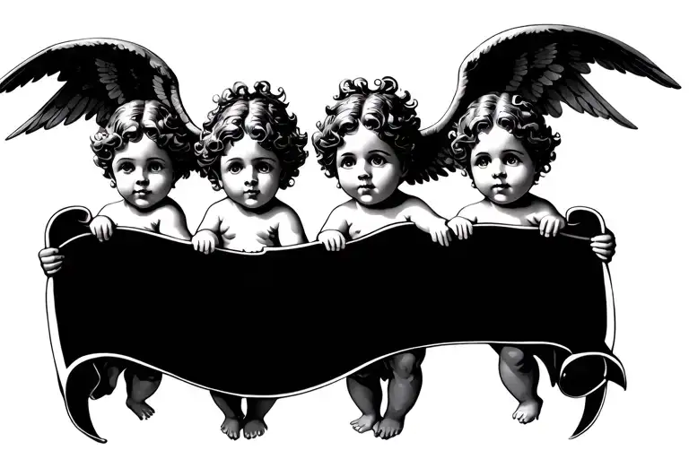 four cherub angels holding banner for a back  tattoo design idea