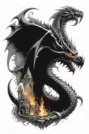 dragon claw, castle ruin, sword and shield, fire whirlwind tattoo design idea