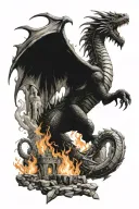 dragon claw, castle ruin, sword and shield, fire whirlwind tattoo design idea