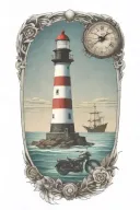 Light house, ship wheel with a clock, Indian feather, tropical fish, motorcycle tattoo design idea