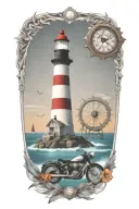 Light house, ship wheel with a clock, Indian feather, tropical fish, motorcycle tattoo design idea