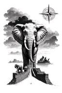 compass with an elephant and a moai standing on great wall of China that leads to the Sydney opera house  tattoo design idea