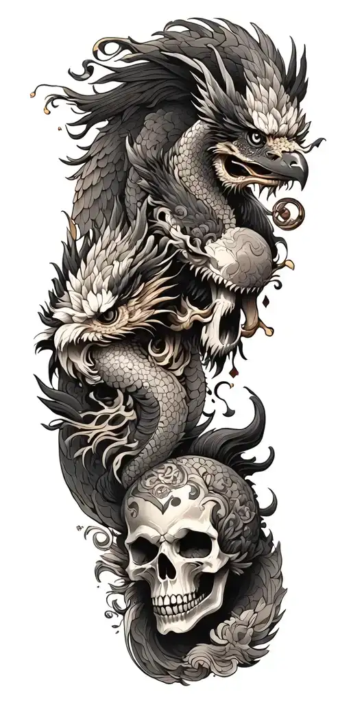 Chinese dragon and phoenix and skull and moon and raven tattoo design idea