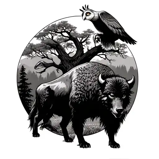 Woodland animal scene featuring a hovering owl above a strong bison, a wolf and a snake. Large oak tree background tattoo design idea