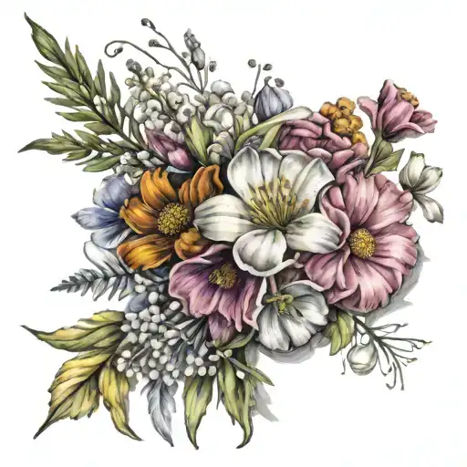 carnation, cosmos, marigold, snowdrops bouquet wrapped tattoo design idea