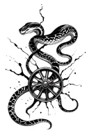two-headed snake on a wheel, cracks, ink splatter, abstract, brutalist tattoo design idea