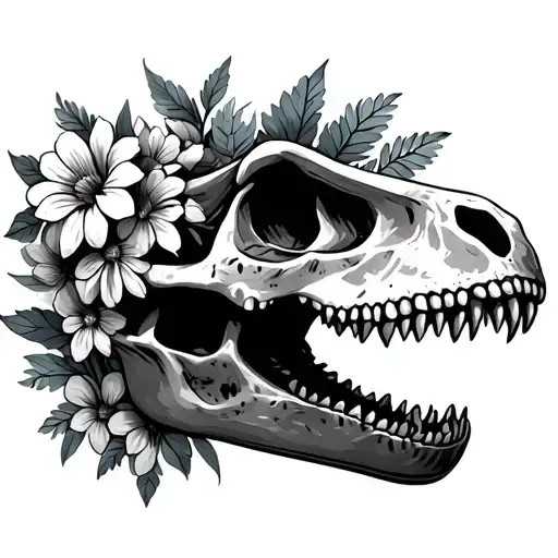 trex skull side view mouth open with flowers tattoo design idea