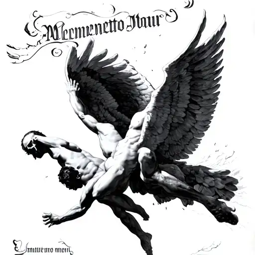 story of icarus falling from sky, creation of adam, memento mori writing tattoo design idea