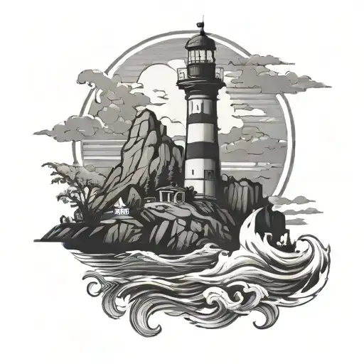 anchor, sea, lighthouse mountains silhouette tattoo design idea