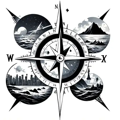 I want a compass divided into 4 themes inside. Space, city, mountains, beach tattoo design idea