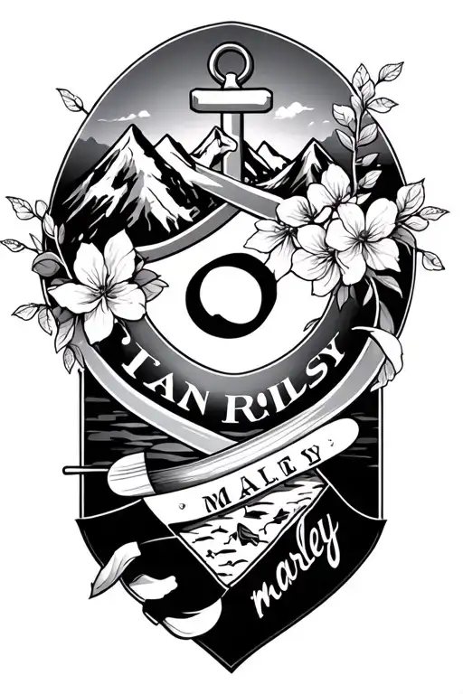 Design me a forearm tattoo with a infinity symbol, anchor, cherry blossom, mountain range, snowboard and the name marley tattoo design idea