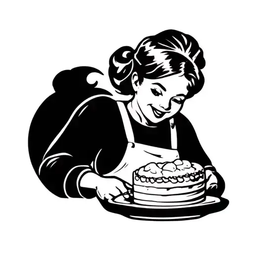 Line art illustration of a female baker wearing an apron, with a joyful and friendly expression. She is decorating a cak tattoo design idea