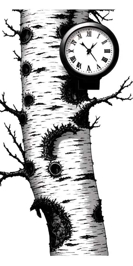 birch tree white branches with exactly 3 clocks on branches tattoo design idea