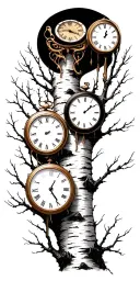 birch tree white branches with exactly 3 clocks on branches tattoo design idea