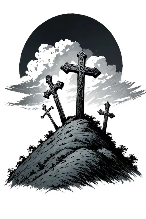 3 crosses on a hill dark sky tattoo design idea