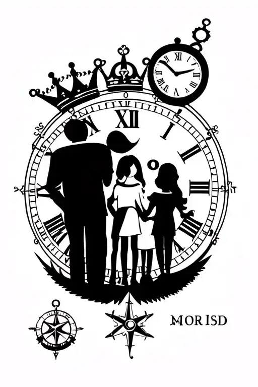 a family of mom and dad and two daughters 4 and 10 years old, a crown on top, a clock next to it, a compass and an anchor below the family tattoo design idea