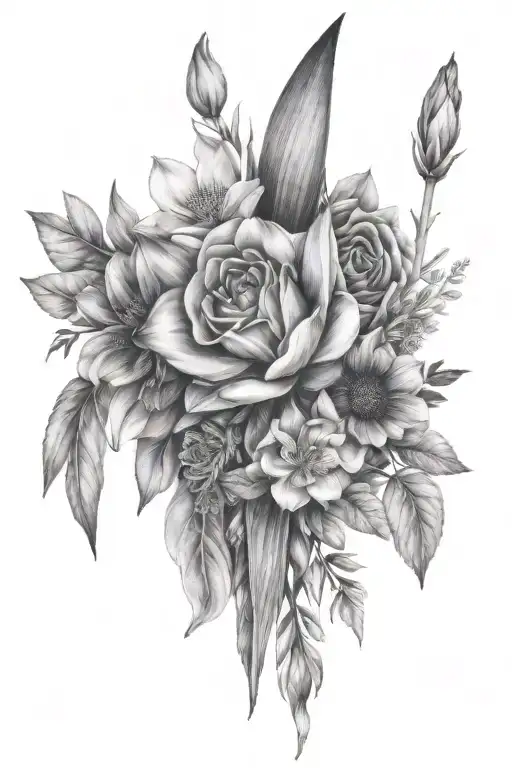 February, July, August, November and December birth flowers in bouquet together  tattoo design idea