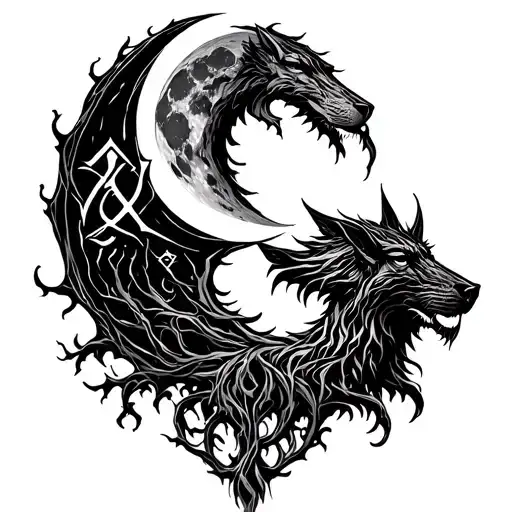 Skoll and Hati, the Yggdrasil moon and the initials in Rune of each kingdom tattoo design idea