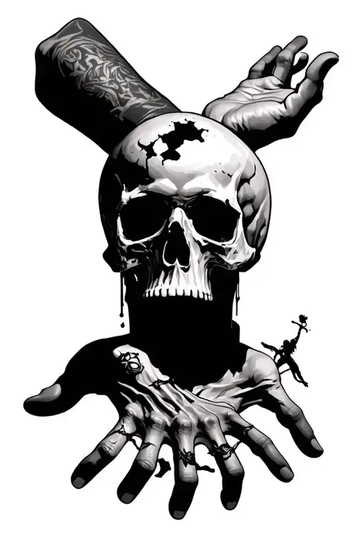 On the left sleeve, a crumbling skull with an open hand passing through it. On the hand, there is a person wearing a bli tattoo design idea