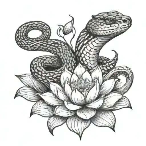 snake and lotus flower blooming tattoo design idea