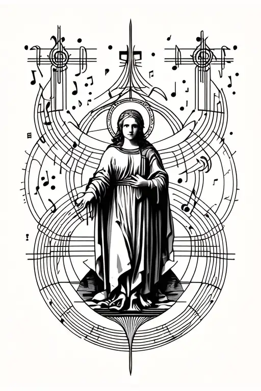 Joan of Arc emblem surrounded by music notes tattoo design idea