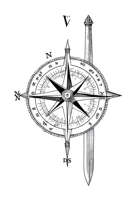 Main idea the traveler by integrating a compass, a traveler, a fine sword, GPS coordinates, tattoo design idea