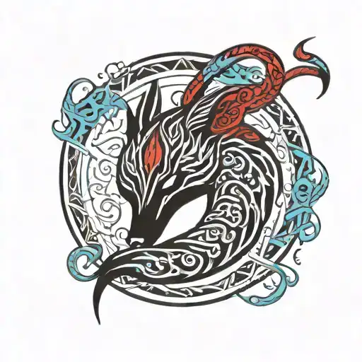 Ouroboros fox tarot devil in red and blue tones tattoo design idea