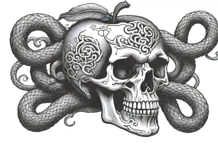 skull in the shape of an apple surrounded by a snake with its mouth aggressively bent tattoo design idea