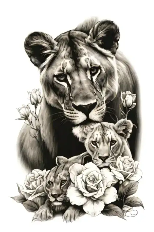 lioness with cubs and flowers tattoo design idea