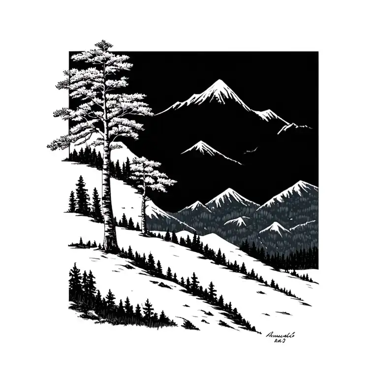 birch trees with mountains in the background tattoo design idea