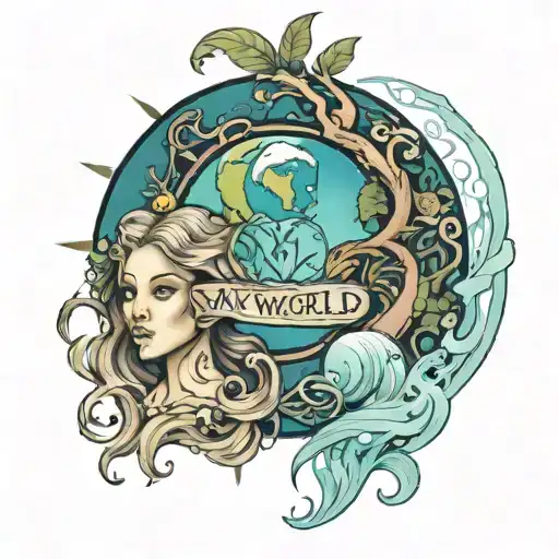mother and son and earth with the words my world  tattoo design idea