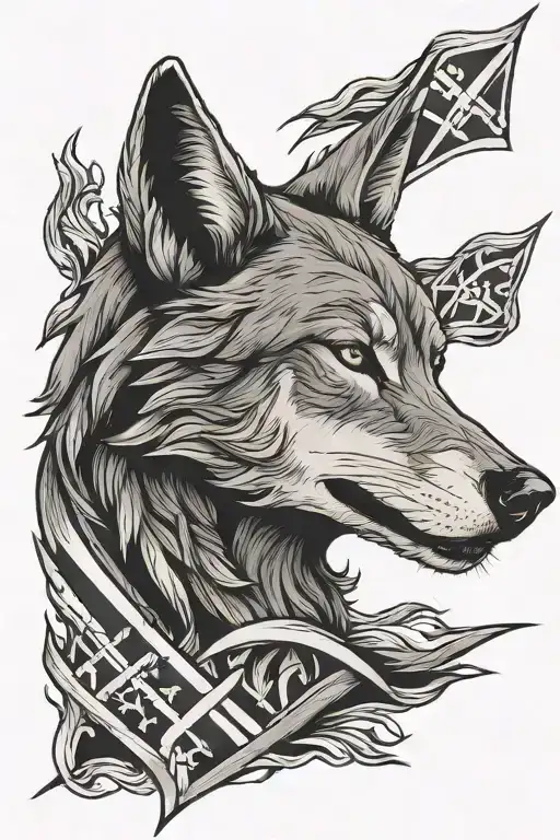 wolf howling at saltire flag flying tattoo design idea