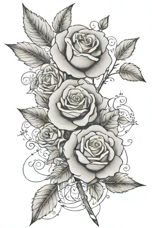 a long arrow with a vine  and 4 small roses wrapped around it. "La famiglia e tutto" in script as part of the arrow tattoo design idea