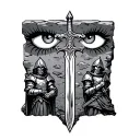 Excalibur embedded in a stone, with two knights in the background, and two eyes in the backdrop, as if watching over the tattoo design idea