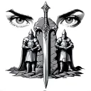 Excalibur embedded in a stone, with two knights in the background, and two eyes in the backdrop, as if watching over the tattoo design idea