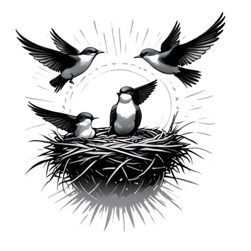 Generate a tattoo using this: Three baby swallows flying into the sun, one sitting with mom in the nest saying goodbye tattoo design idea