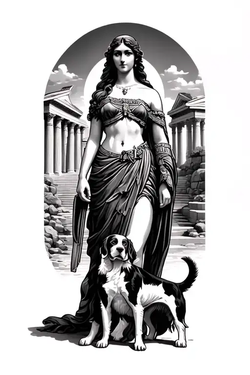 Artemis godess standing with springer spaniel springer spaniel standing by her side with greek buildings in background tattoo design idea