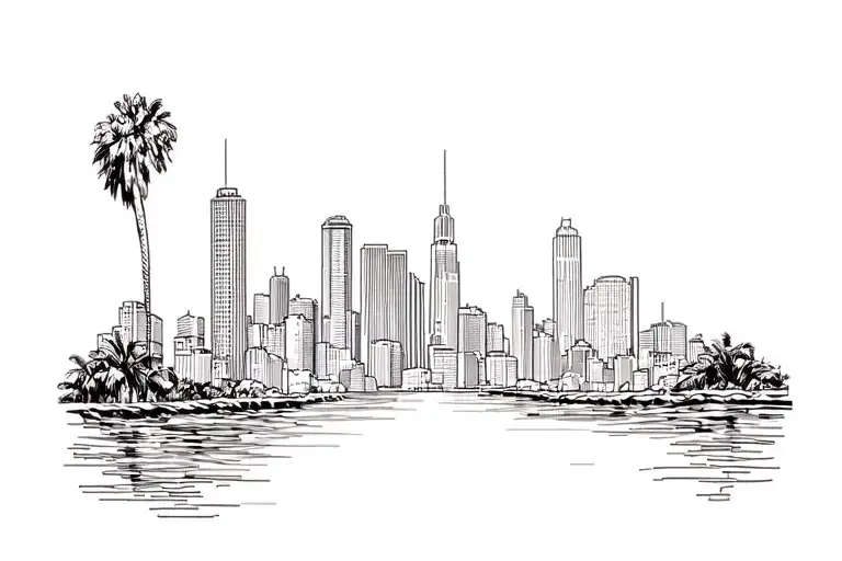 Los Angeles skyline, palm trees and buildings designed tattoo design idea