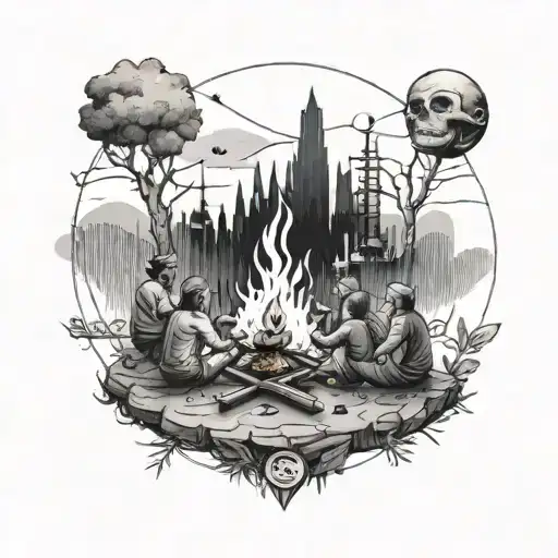A tattoo design incorporating elements of social gatherings, such as a group of people around a bonfire, with a subtle nod to data analysis through hidden data charts in the background tattoo design idea