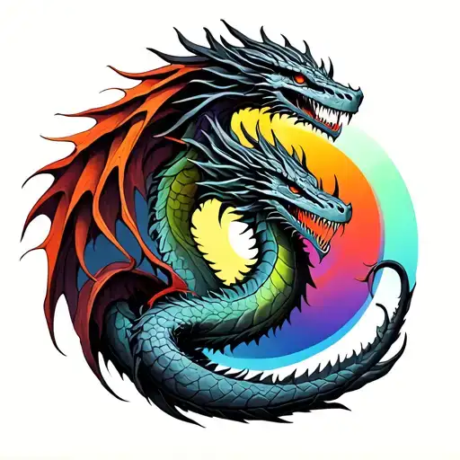 one black skeletal dragon curled in a circle and one colorful life dragon curled in a circle tattoo design idea