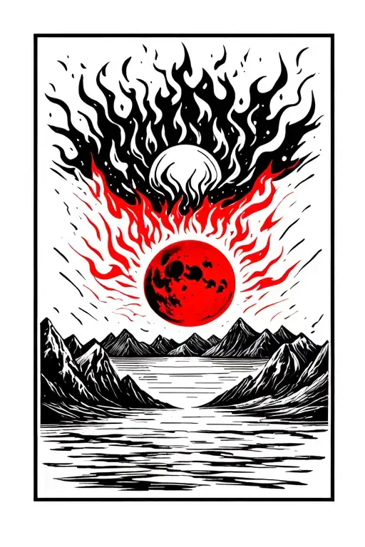 Fire Mountains, Black Sun, Red Moon, raining blood and fire, fire lake tattoo design idea