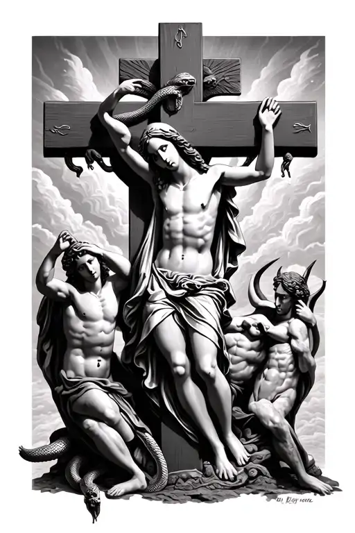 crucifix with mother Mary standing over holding Jesus in one arm with a serpent wrapped around the cross, & satan below tattoo design idea