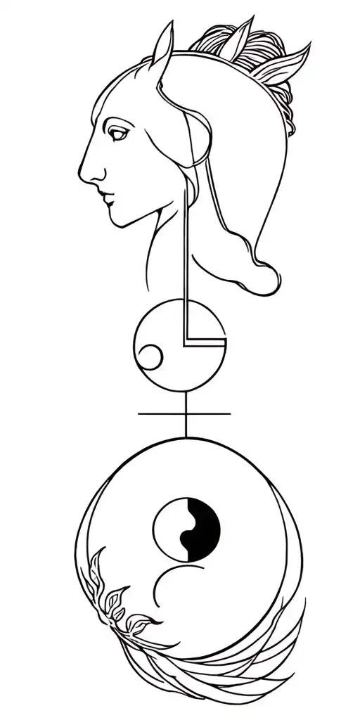 lady of truth and justice + pound symbol + yin-yang + horse head tattoo design idea