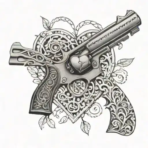 An intricate design featuring a gun intertwined with a heart and a family tree, representing love and protection tattoo design idea