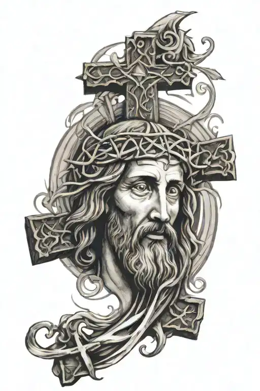 Jesus Christ face with 3 crosses and a scripture verses flowing tattoo design idea