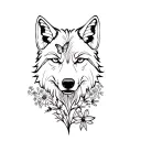 Wolf head with wildflowers and butterflies tattoo design idea