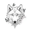 Wolf head with wildflowers and butterflies tattoo design idea