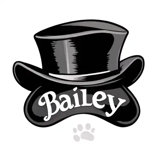 the word Bailey, small paw print, top hat over the latter B tattoo design idea