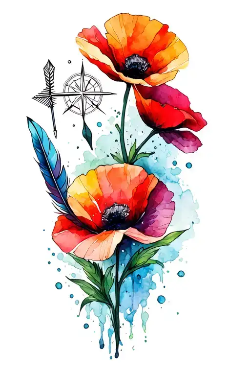 abstract watercolor tattoo sketch work poppies, compass, water (tide), feathers, arrows, nigerian, anxiety tattoo design idea