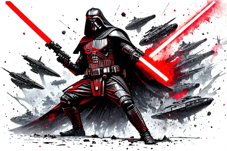 star wars Revan fight stance surrounded by ships tattoo design idea